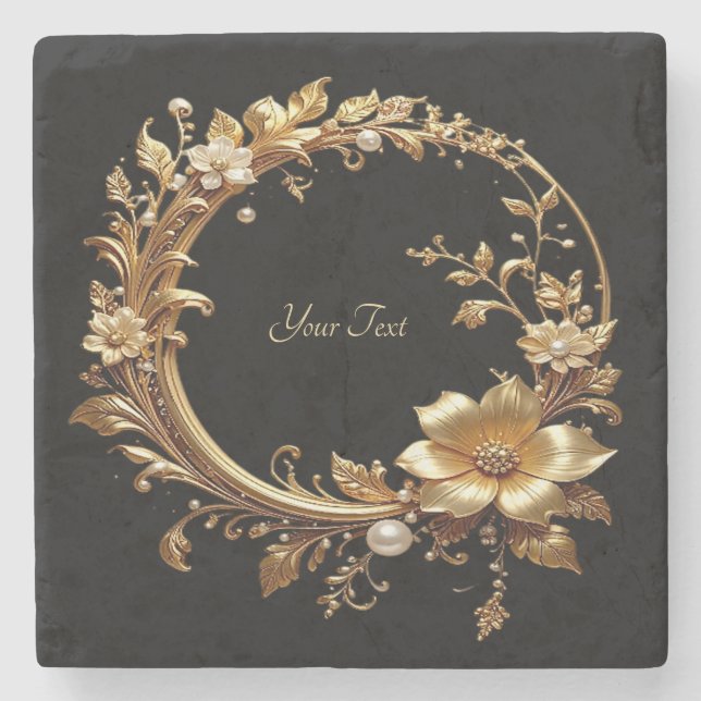Golden Floral Ornate Frame Stone Coaster (Front)