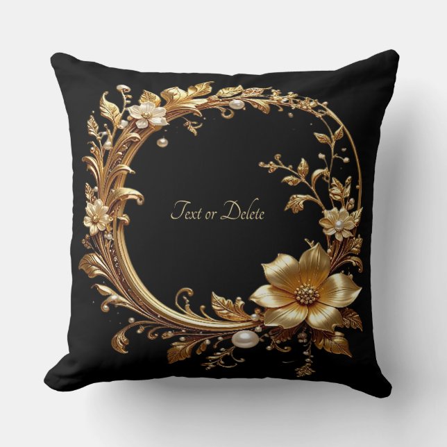 Golden Floral Ornate Frame Throw Pillow (Front)
