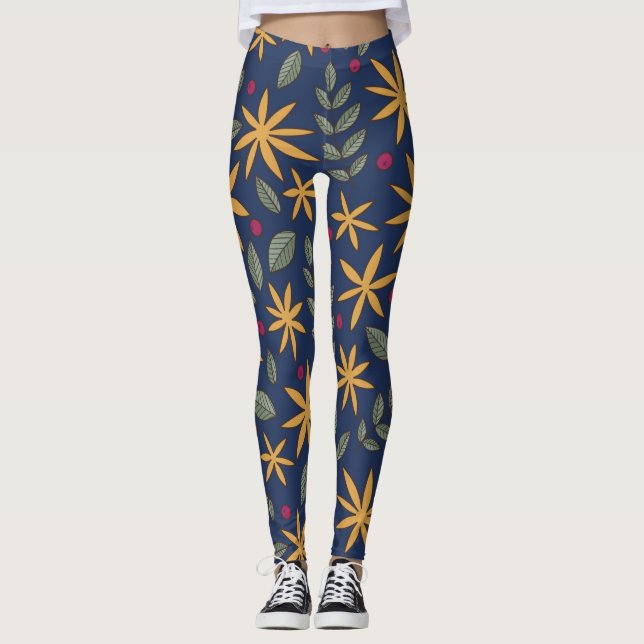Golden Floral Pattern Botanical Design Leggings (Front)