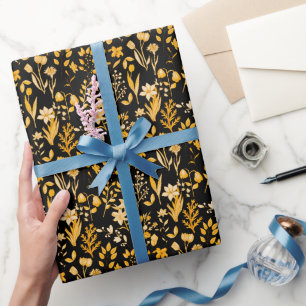 Golden Floral Pattern for Autumn. Black BG Wrapping Paper