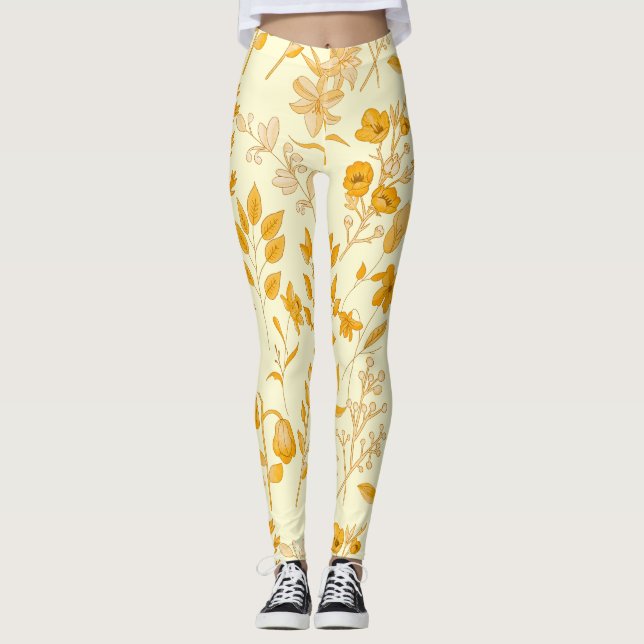 Golden Floral Pattern for Autumn. L Yellow BG Leggings (Front)