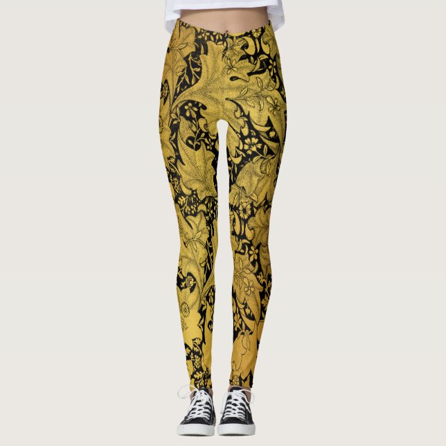Golden Floral Pattern Oriental Flower Leggings (Front)