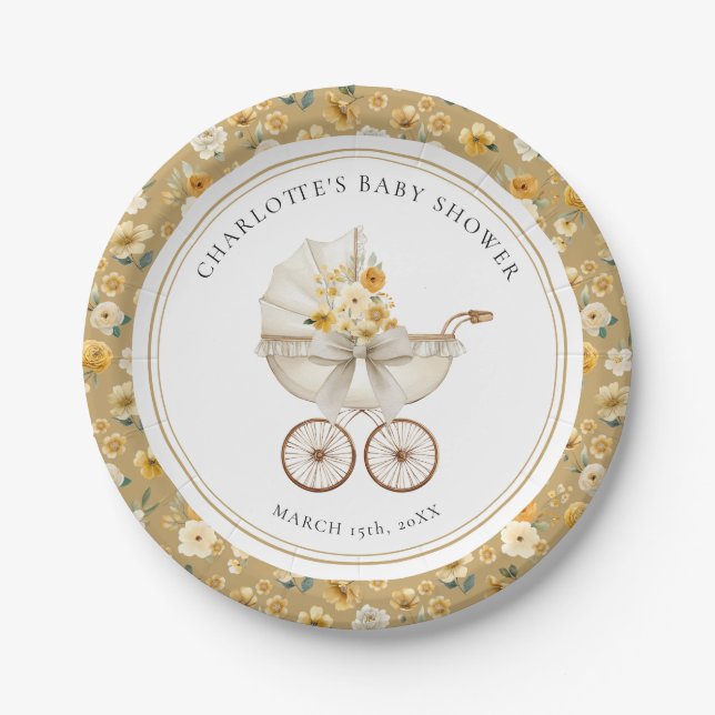 Golden Floral Pram Baby Shower Plate (Front)