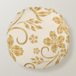 Golden Floral Printed Throw Round Pillow