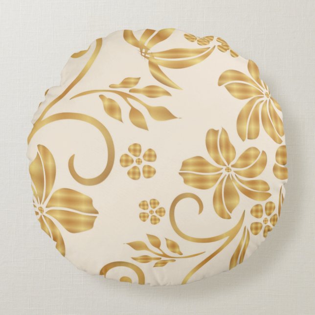 Golden Floral Printed Throw Round Pillow (Front)
