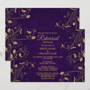 Golden Floral Purple Wedding Rehearsal Dinner Invitation