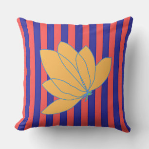 Golden Floral Red Blue Stripe Outdoor Pillow