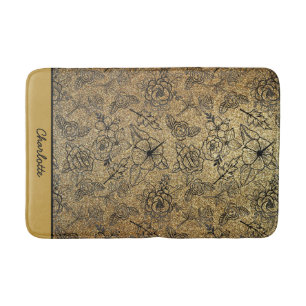 Golden floral seamless pattern personalized name bath mat