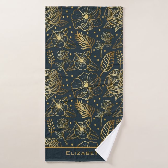 Golden floral seamless pattern personalized name  bath towel (Bath Towel)