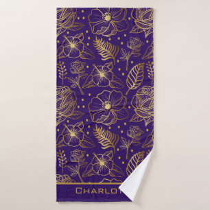 Golden floral seamless pattern personalized name bath towel