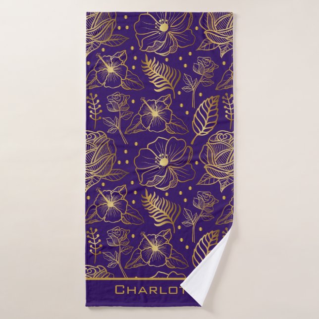 Golden floral seamless pattern personalized name bath towel (Bath Towel)