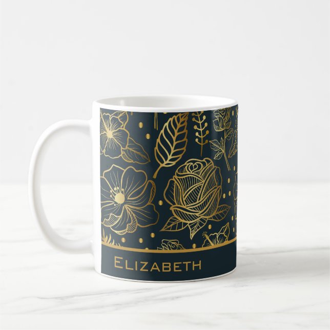 Golden floral seamless pattern personalized name coffee mug (Left)
