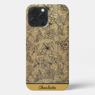 Golden floral seamless pattern personalized name iPhone 13 pro max case