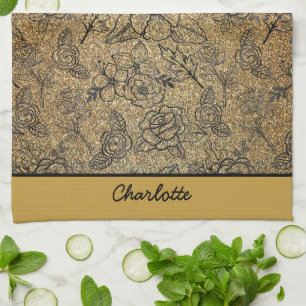 Golden floral seamless pattern personalized name kitchen towel