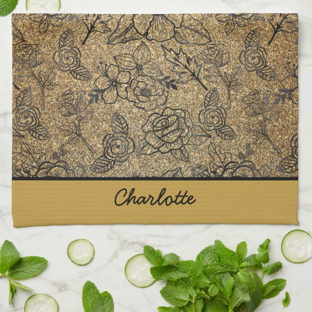 Golden floral seamless pattern personalized name  kitchen towel (Folded)