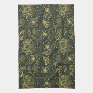 Golden floral seamless pattern personalized name kitchen towel