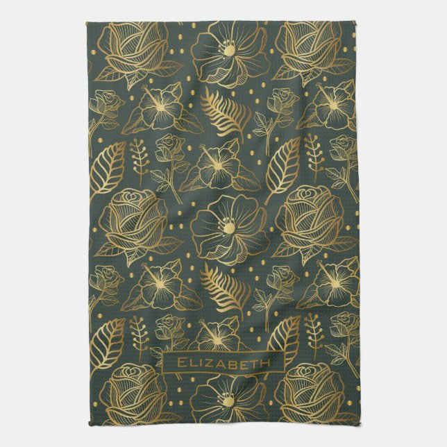 Golden floral seamless pattern personalized name  kitchen towel (Vertical)