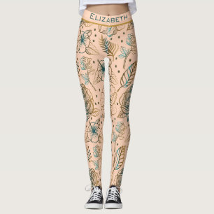 Golden floral seamless pattern personalized name leggings
