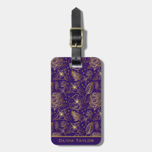 Golden floral seamless pattern personalized name luggage tag