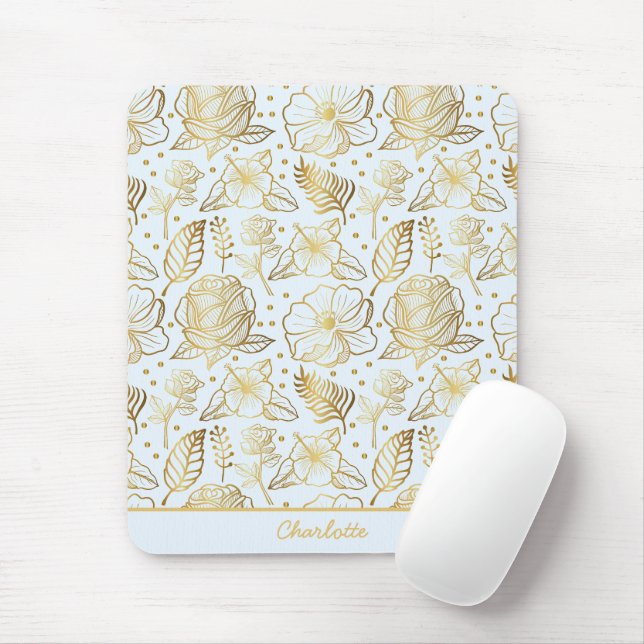 Golden floral seamless pattern personalized name mouse pad (With Mouse)