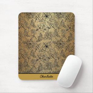 Golden floral seamless pattern personalized name  mouse pad
