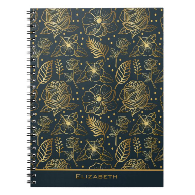 Golden floral seamless pattern personalized name notebook (Front)