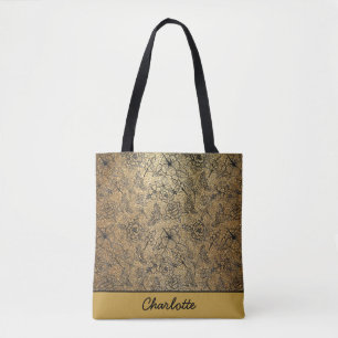 Golden floral seamless pattern personalized name tote bag