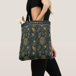 Golden floral seamless pattern personalized name  tote bag
