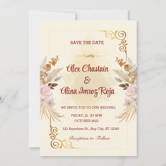 Golden Floral Wedding Invitation Card (Front)