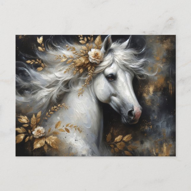 Golden Floral White Horse Art Postcard (Front)