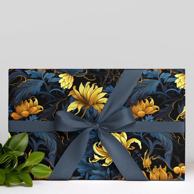 Golden Florals Dark Blue Leaves Black Background Wrapping Paper (Creator Uploaded)