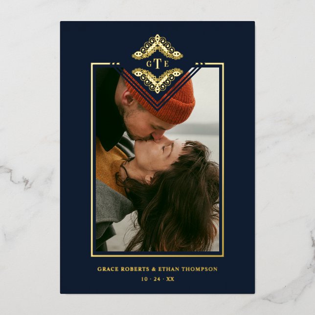 Golden Flourish Classic Ornament Photo Navy Blue (Front)