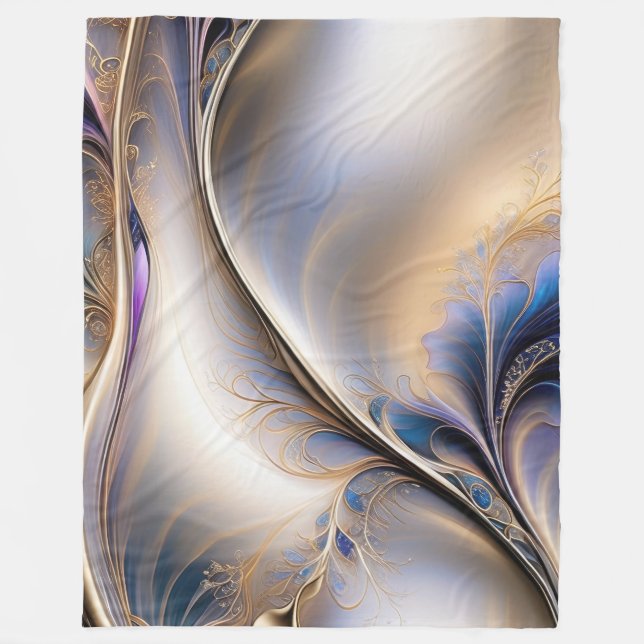 Golden Flow - Abstract Blue and Gold Fluid Art Fleece Blanket (Front)