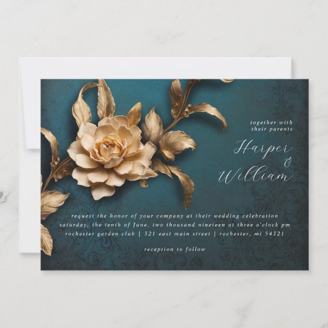 Golden flower horisontal wedding invitation (Front)