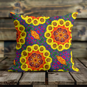 Golden flower kaleidoscope throw pillow