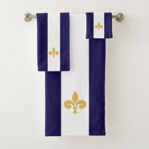 Golden flower on navy blue & white striped bath towel set