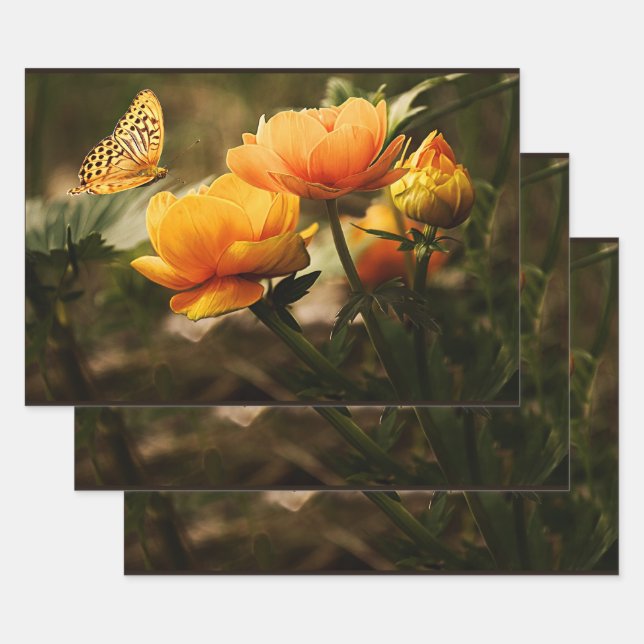 Golden Flowers and Butterfly Wrapping Paper Sheet (Set)