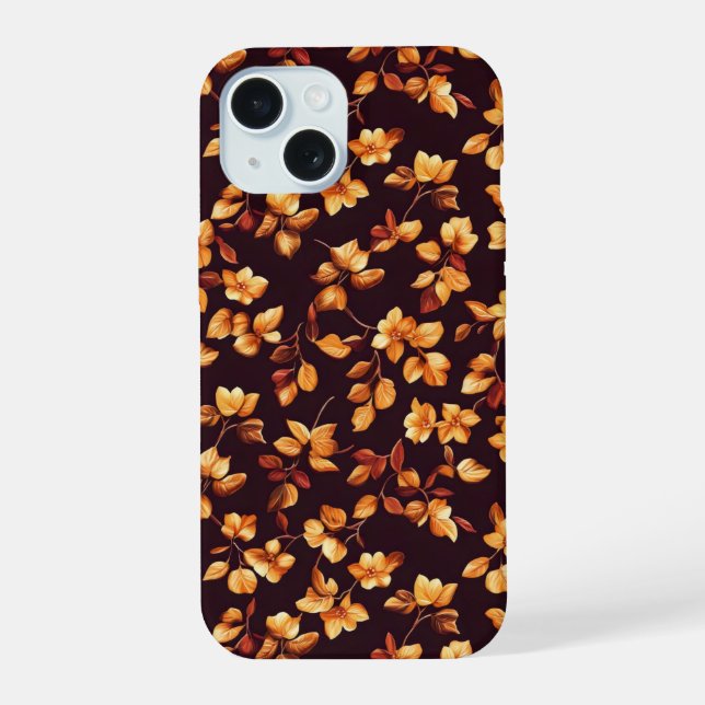 Golden Flowers Autumn Pattern iPhone 15 Case (Back)