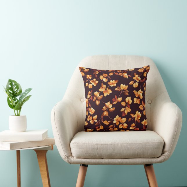 Golden Flowers Autumn Pattern Throw Pillow (Chair)