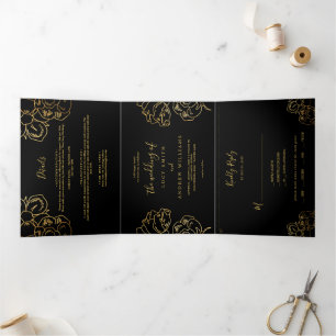 Golden Flowers Decoration, Black Wedding Tri-Fold Invitation