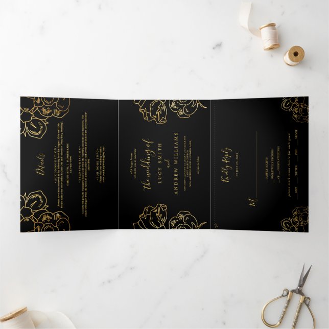 Golden Flowers Decoration, Black Wedding Tri-Fold Invitation (Inside)