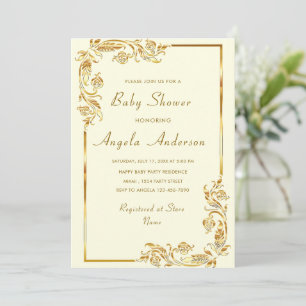 Golden Flowers Frame Baby Girl Shower Invitation