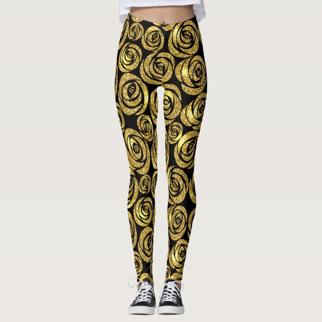Golden Flowers on Black Background Leggings (Front)