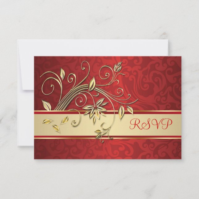 Golden flowers on red damask Wedding RSVP (Front)