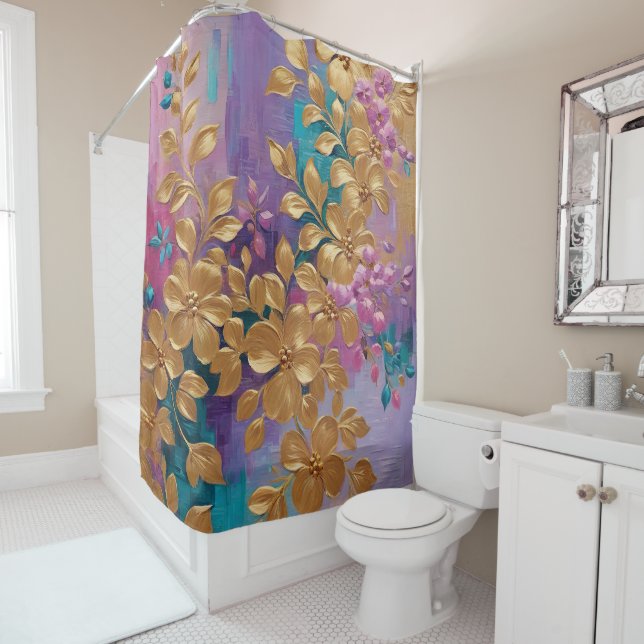 Golden Flowers Painted On Pink Lilac Turquoise (In Situ)