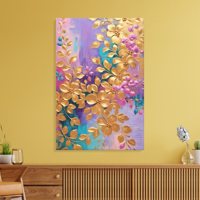 Golden Flowers Painted On Pink Lilac Turquoise Canvas Print (Insitu(LivingRoom))