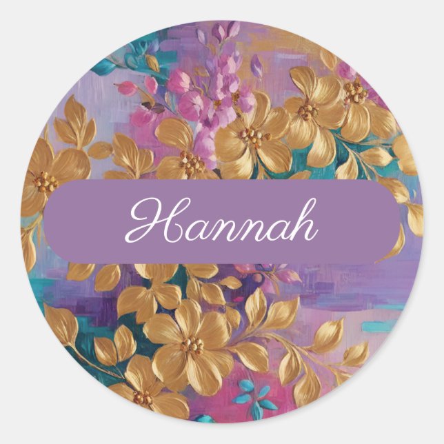 Golden Flowers Painted On Pink Lilac Turquoise Classic Round Sticker (Front)