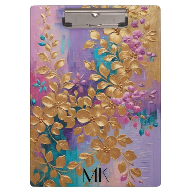 Golden Flowers Painted On Pink Lilac Turquoise Clipboard (Front)