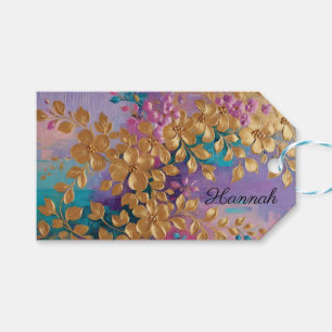 Golden Flowers Painted On Pink Lilac Turquoise Gift Tags