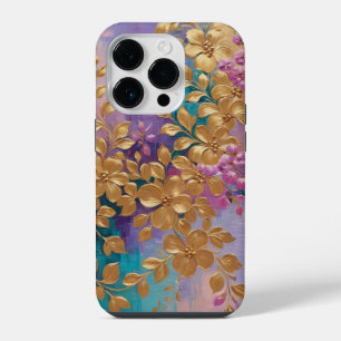 Golden Flowers Painted On Pink Lilac Turquoise iPhone 14 Pro Case
